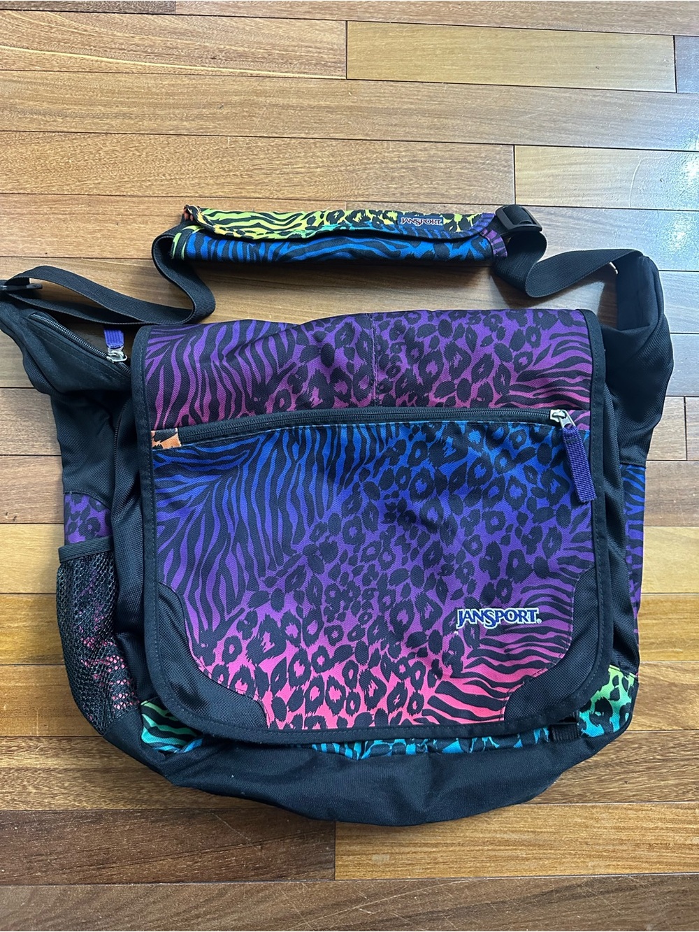 JANSPORT 90s Y2K Vintage Animal Print Rainbow Messenger Bag Lisa Frank Inspired